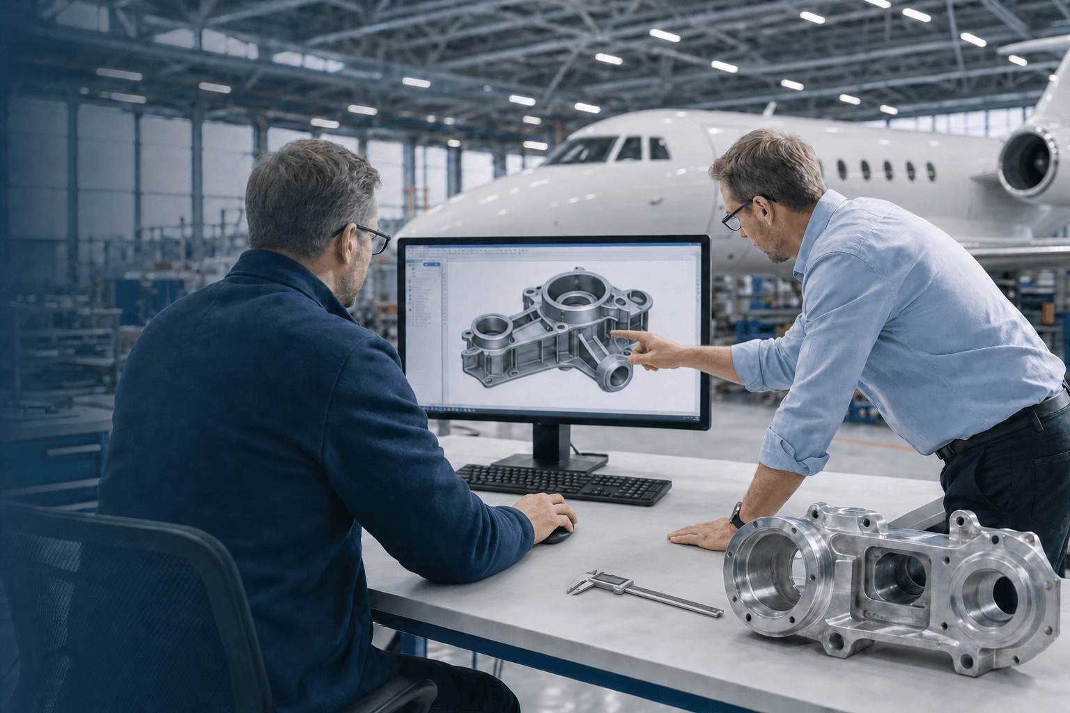Aerospace engineers reviewing a CAD model while a technical lead points to the monitor